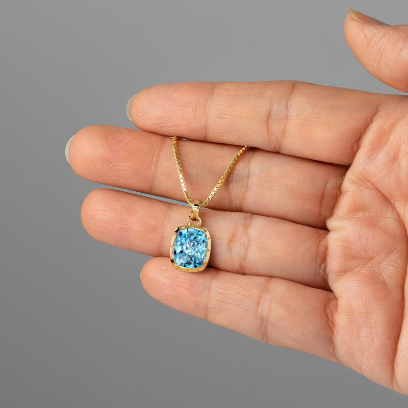 Swiss Blue Topaz Bezel Set Pendant Necklace 14K Yellow Gold Plated Sterling Silver 4.50 Carats Cushion Cut