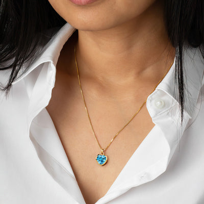 Swiss Blue Topaz Bezel Set Pendant Necklace 14K Yellow Gold Plated Sterling Silver 5.50 Carats Heart Shape