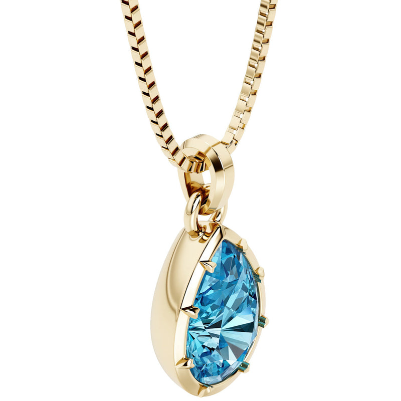 London Blue Topaz Bezel Set Pendant Necklace 14K Yellow Gold Plated Sterling Silver 3 Carats Pear Shape