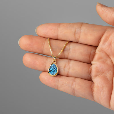 London Blue Topaz Bezel Set Pendant Necklace 14K Yellow Gold Plated Sterling Silver 3 Carats Pear Shape