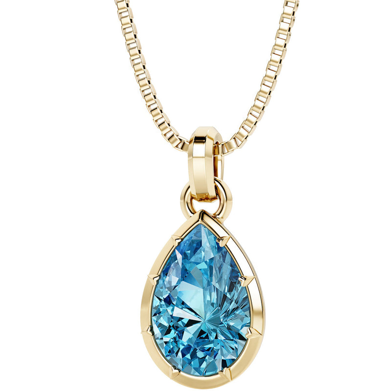 London Blue Topaz Bezel Set Pendant Necklace 14K Yellow Gold Plated Sterling Silver 3 Carats Pear Shape