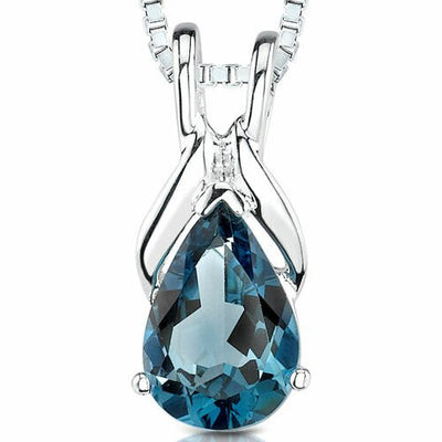 London Blue Topaz Pendant Necklace Sterling Silver Pear 1.5 Cts