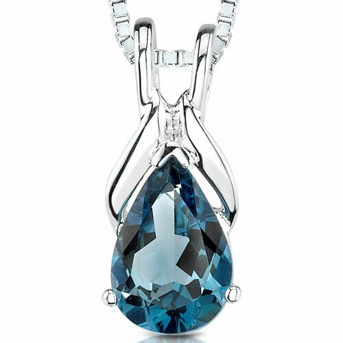 London Blue Topaz Pendant Necklace Sterling Silver Pear 1.5 Cts