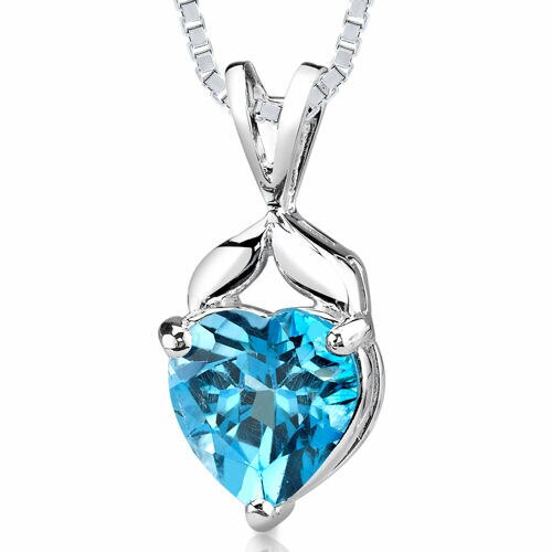 Swiss Blue Topaz Pendant Necklace Sterling Silver Heart 3 Carat