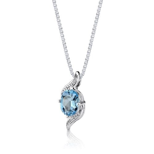 Swiss Blue Topaz Pendant Necklace Sterling Silver Oval 1.5 Cts