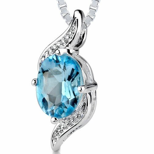 Swiss Blue Topaz Pendant Necklace Sterling Silver Oval 1.5 Cts