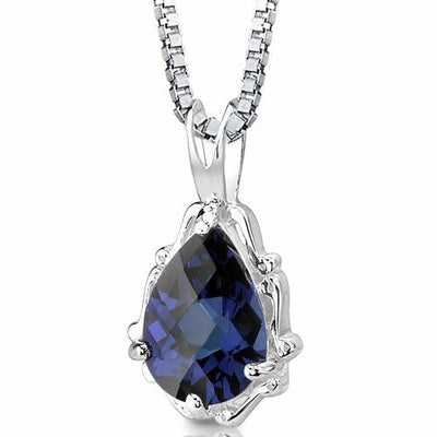 Blue Sapphire Pendant Necklace Sterling Silver Pear 2.25 Carats