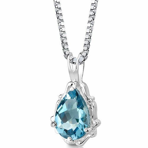 Swiss Blue Topaz Pendant Necklace Sterling Silver Pear 2.25 Cts