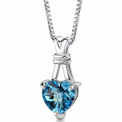 Swiss Blue Topaz Pendant Necklace Sterling Silver Heart 3 Carat