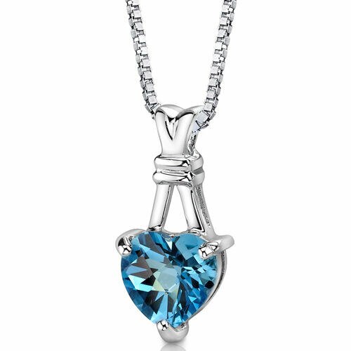 Swiss Blue Topaz Pendant Necklace Sterling Silver Heart 3 Carat