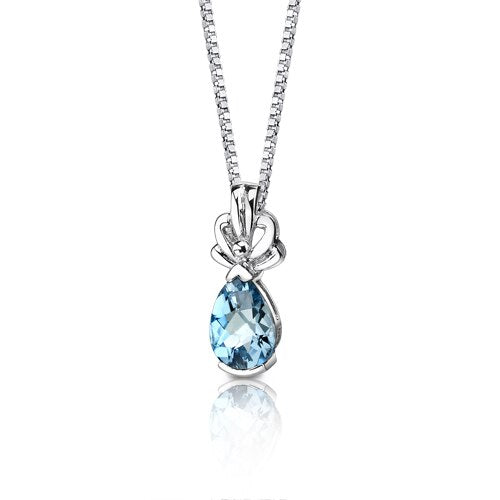 Swiss Blue Topaz Pendant Necklace Sterling Silver Pear 2.25 Cts