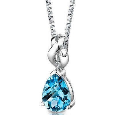 Swiss Blue Topaz Pendant Necklace Sterling Silver Pear 2.25 Cts