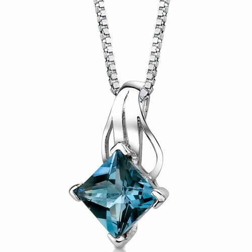 London Blue Topaz Pendant Sterling Silver Princess Cut 3 Carats