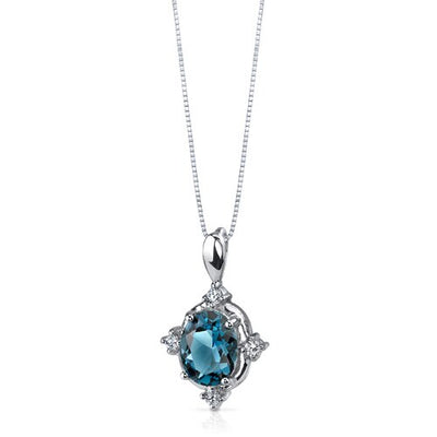 London Blue Topaz Pendant Necklace Sterling Silver Oval 2 Carat