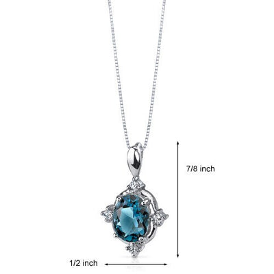 London Blue Topaz Pendant Necklace Sterling Silver Oval 2 Carat