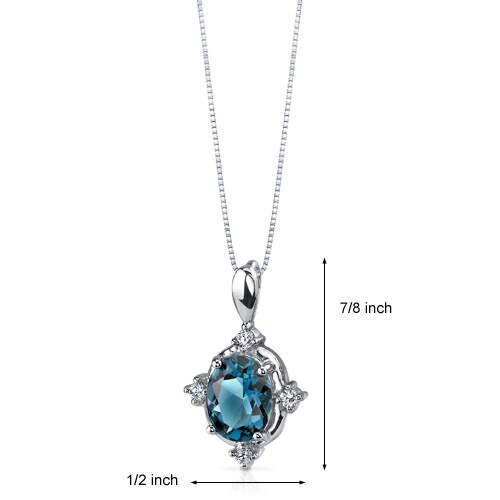 London Blue Topaz Pendant Necklace Sterling Silver Oval 2 Carat