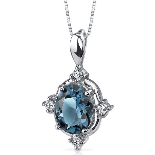 London Blue Topaz Pendant Necklace Sterling Silver Oval 2 Carat