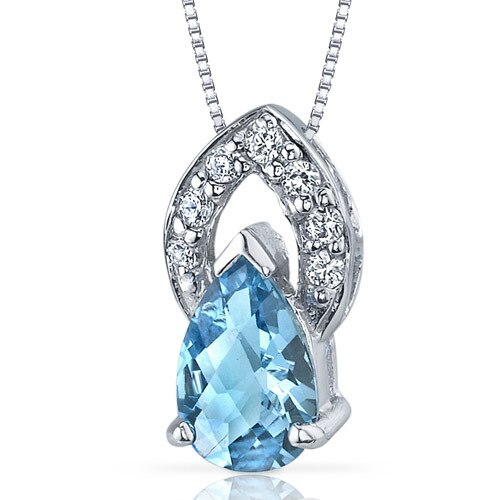 Swiss Blue Topaz Pendant Necklace Sterling Silver Pear 1.25 Cts