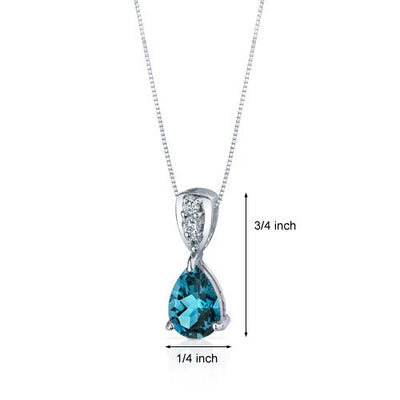 London Blue Topaz Pendant Necklace Sterling Silver Pear 2 Carat