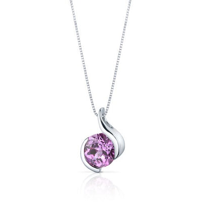 Pink Sapphire Pendant Necklace Sterling Silver Round 2.5 Carats