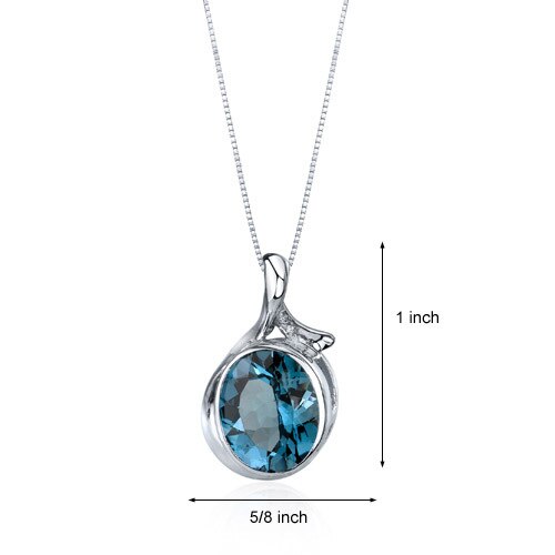 London Blue Topaz Pendant Necklace Sterling Silver Oval 5 Carat