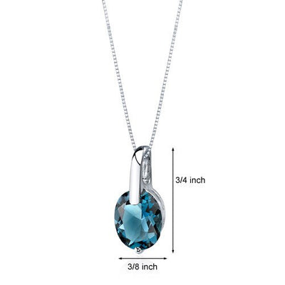 London Blue Topaz Pendant Necklace Sterling Silver Oval 3 Carat