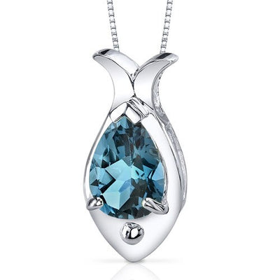 London Blue Topaz Pendant Necklace Sterling Silver Pear 2 Carat