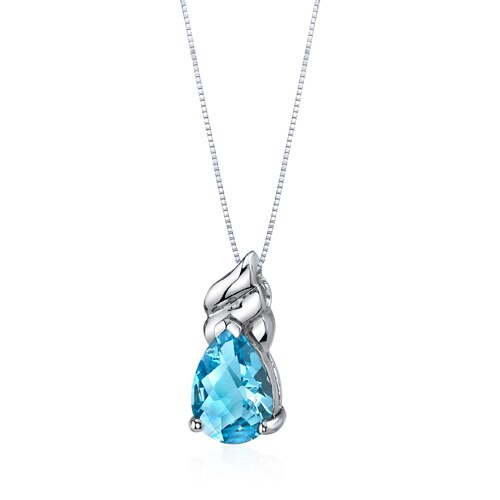 Swiss Blue Topaz Pendant Necklace Sterling Silver Pear 2.75 Cts