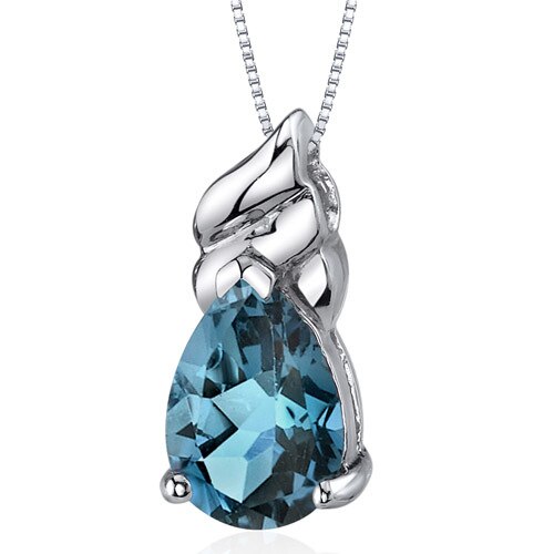 London Blue Topaz Pendant Sterling Silver Pear 3.25 Carats