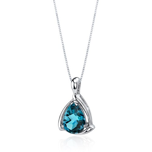 London Blue Topaz Pendant Necklace Sterling Silver Pear 2 Carat