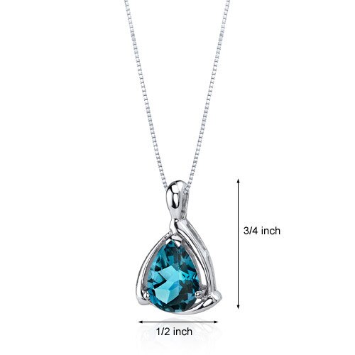 London Blue Topaz Pendant Necklace Sterling Silver Pear 2 Carat