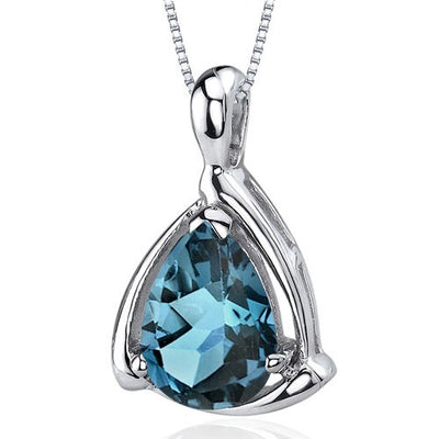 London Blue Topaz Pendant Necklace Sterling Silver Pear 2 Carat