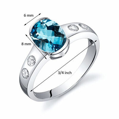 Swiss Blue Topaz Ring Sterling Silver Oval Shape 1.5 Carats