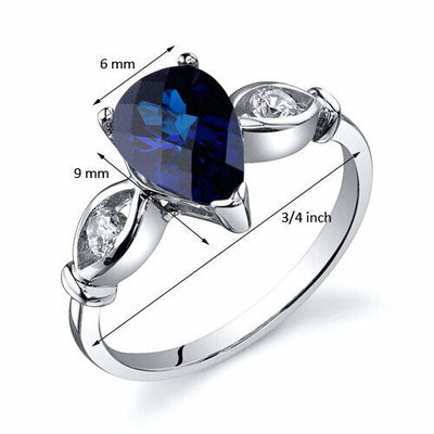 Blue Sapphire Ring Sterling Silver Pear Shape 1.75 Carats