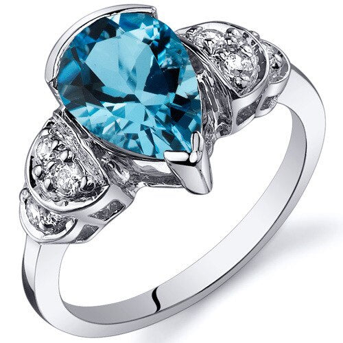 Swiss Blue Topaz Ring Sterling Silver Pear Shape 2 Carats