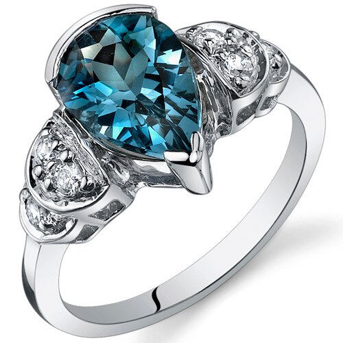 London Blue Topaz Ring Sterling Silver Pear Shape 2 Carats