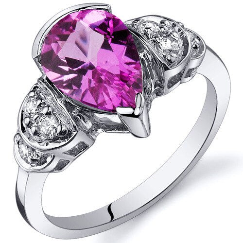 Pink Sapphire Ring Sterling Silver Pear Shape 2.25 Carats