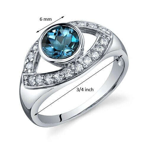 London Blue Topaz Ring Sterling Silver Round Shape 1 Carats