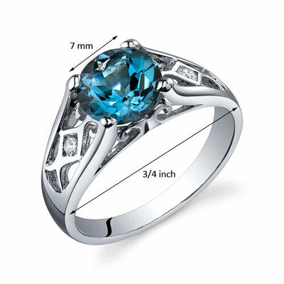 London Blue Topaz Ring Sterling Silver Round Shape 1.5 Carats