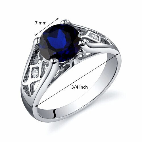 Blue Sapphire Ring Sterling Silver Round Shape 2 Carats