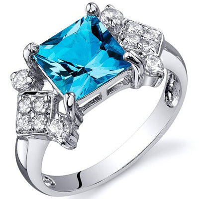 Swiss Blue Topaz Ring Sterling Silver Princess Shape 2 Carats