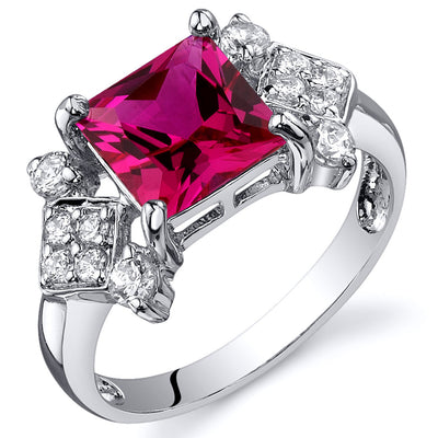 Created Ruby Princess Cut Sterling Silver Ring Size 7