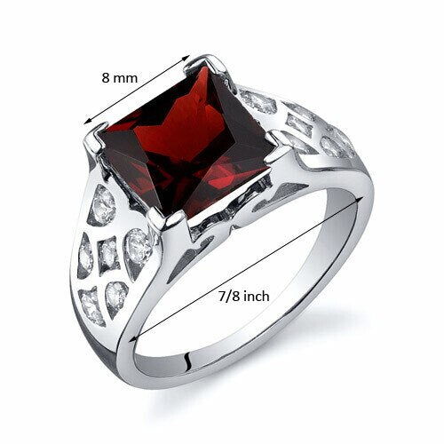 Garnet Ring Sterling Silver Princess Shape 3 Carats