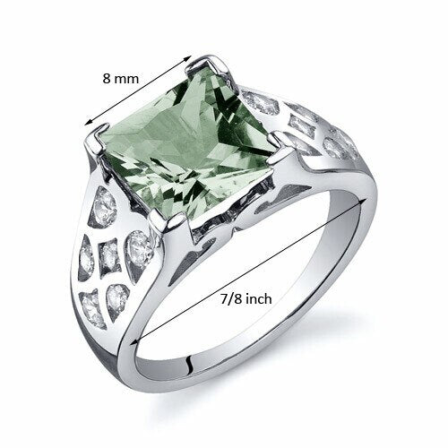 Green Amethyst Ring Sterling Silver Princess Shape 2 Carats