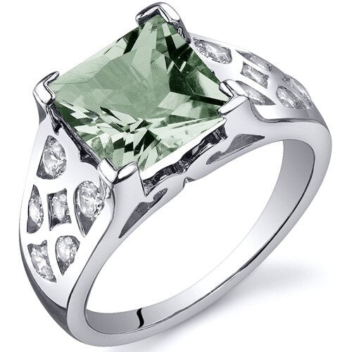 Green Amethyst Ring Sterling Silver Princess Shape 2 Carats