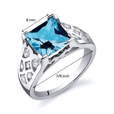 Swiss Blue Topaz Ring Sterling Silver Princess Cut 2.75 Carats Size 7