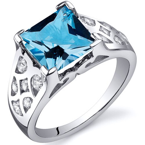 Swiss Blue Topaz Ring Sterling Silver Princess Shape 2.75 Cts