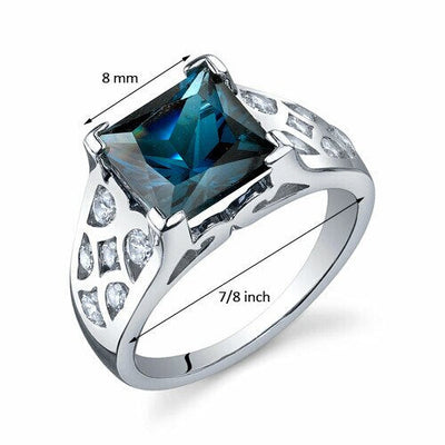 London Blue Topaz Ring Sterling Silver Princess Shape 2.75 Cts