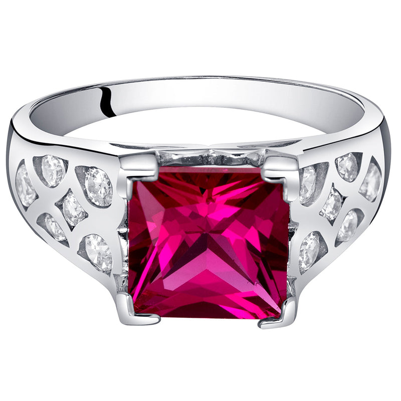 Created Ruby Princess Cut Sterling Silver Ring Size 7