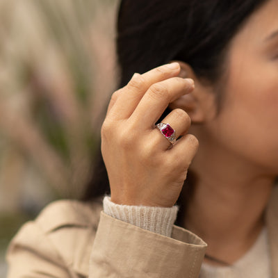 Created Ruby Princess Cut Sterling Silver Ring Size 7